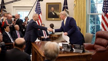 President Donald Trump shakes hands with Chinese Vice Premier Liu He in the Oval Office at the White House in October.