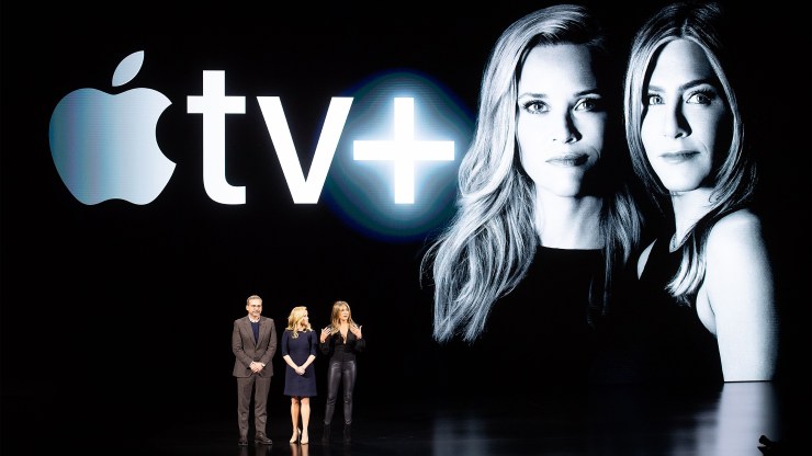 Actors Steve Carell, Reese Witherspoon and Jennifer Aniston speak during an event launching Apple TV Plus at Apple headquarters on March 25, 2019, in Cupertino, California.
