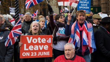 Pro-Brexit demonstrators outside the Houses of Parliament in 2016 in London, England, pushing for a faster Brexit.