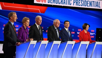 Six of the remaining Democratic presidential hopefuls at the seventh Democratic primary debate of the 2020 presidential campaign season in Des Moines, Iowa, on Jan. 14, 2020.