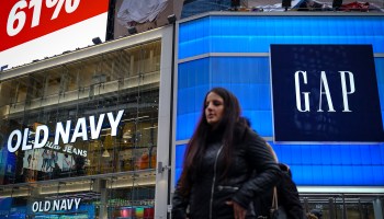 An Old Navy and a GAP store in Times Square, New York City.