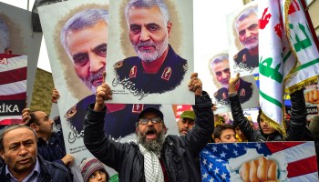 Protesters hold pictures of Iranian commander Qassem Soleimani during a demonstration outside the U.S. consulate in Istanbul on Jan. 5.