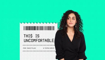 Host Reema Khrais next to a large receipt that reads "This Is Uncomfortable."