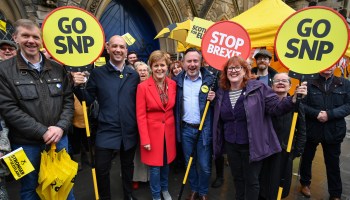 Nicola Sturgeon alongside lead SNP European election candidate Alyn Smith and party activists in Leith in 2019 in Edinburgh, Scotland.