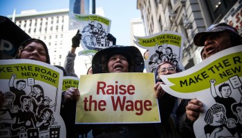 Women protest for higher wages for fast food workers on March 18, 2014, in New York City.