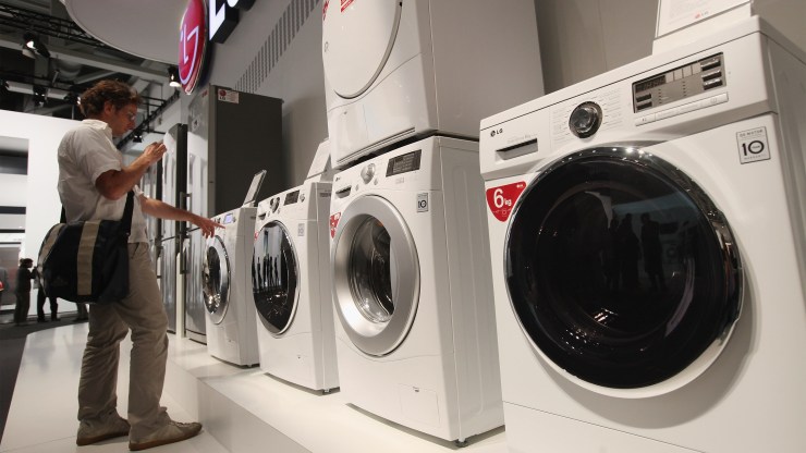 High-tech washing machines at the LG stand at the IFA 2011 consumer electonics and appliances trade fair