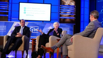 From left: World Bank President David Malpass, former Federal Reserve Chair Janet Yellen and "Marketplace" host Kai Ryssdal on stage in Washington, D.C. on February 4, 2020.