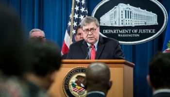 Attorney General William Barr participates in a press conference at the Department of Justice on Feb. 10 in Washington, D.C.