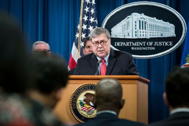 Attorney General William Barr participates in a press conference at the Department of Justice on Feb. 10 in Washington, D.C.
