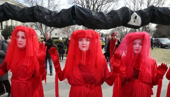Climate activist groups protest the Atlantic Coast Pipeline in front of the U.S. Supreme Court on February 24, 2020 in Washington, DC.