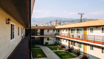 A courtyard at the River Glen Apartments in San Bernardino, California.
