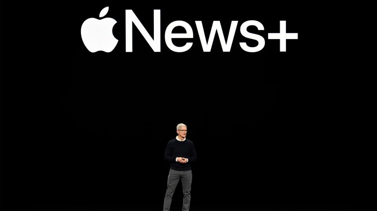 Apple CEO Tim Cook announces Apple News Plus during a company product launch in March 2019 in Cupertino, California.