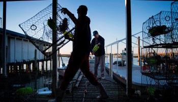 Crab trappers prepare for the next day of crabbing in Tangier, Virginia, May 15, 2017.