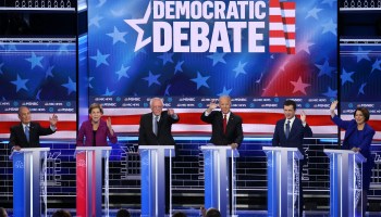 Democratic presidential hopefuls at the Democratic presidential primary debate on Feb. 19, 2020 in Las Vegas, Nevada.