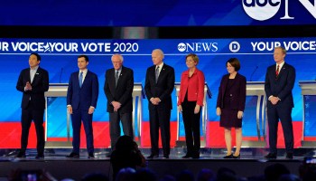 Democratic presidential hopefuls take part in the eighth Democratic primary debate of the 2020 presidential campaign season in Manchester, New Hampshire, on Feb. 7, 2020.