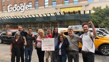 Google employees outside of the company's New York City headquarters celebrate Kickstarter's new union.