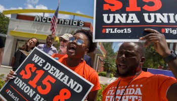 People strike to ask the McDonald’s corporation to raise workers wages to a $15 minimum wage as well as demanding the right to a union on May 23, 2019 in Fort Lauderdale, Florida.