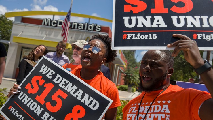 People strike to ask the McDonald’s corporation to raise workers wages to a $15 minimum wage as well as demanding the right to a union on May 23, 2019 in Fort Lauderdale, Florida.
