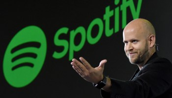 Daniel Ek, CEO of Swedish music streaming service Spotify, makes a speech at a press conference in Tokyo in 2016.
