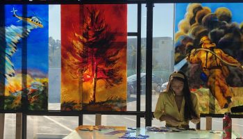 Stained glass artwork hangs at Judson Studios in Pasadena, California.