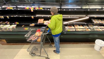 A shopper pushes a cart in a grocery store.