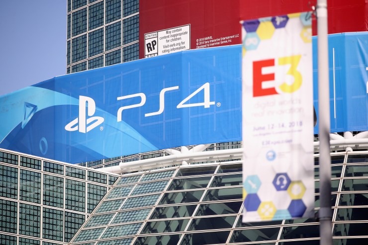 A Sony PS4 logo is displayed outside of the Los Angeles Convention Center during the Electronic Entertainment Expo in 2018.