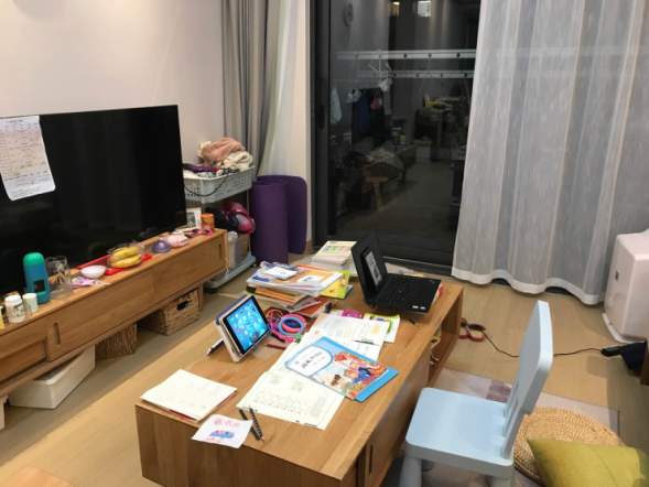 Yang Weina and her daughter's work stations while they are both at home. Most families in Chinese cities live in small apartments. (Courtesy of Yang Weina)
