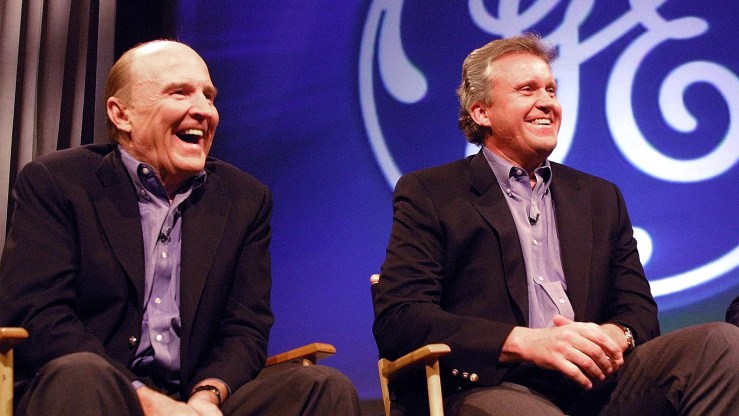 Former GE Chairman and CEO Jack Welch, left, and then-Chairman-Elect Jeffrey Immelt announce Immelt's appointment in 2000.