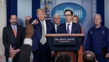 U.S. President Donald Trump and Treasury Secretary Steven Mnuchin, joined by members of the Coronavirus Task Force, field questions about the coronavirus outbreak in the press briefing room at the White House on March 17, 2020 in Washington, DC.