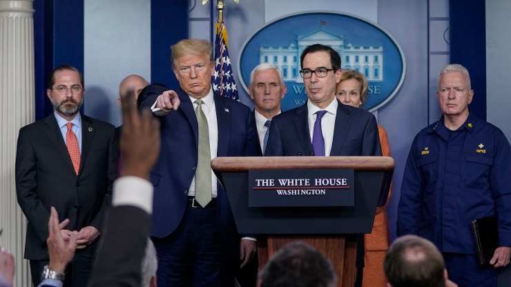 U.S. President Donald Trump and Treasury Secretary Steven Mnuchin, joined by members of the Coronavirus Task Force, field questions about the coronavirus outbreak in the press briefing room at the White House on March 17, 2020 in Washington, DC.