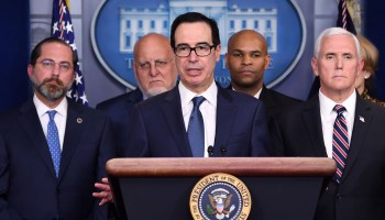 Treasury Secretary Steven Mnuchin speaks about the COVID-19 alongside Vice President Mike Pence and members of the Coronavirus Task Force at a press briefing on March 9, 2020.