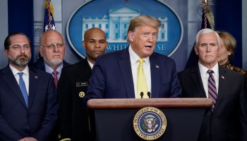 President Trump gives a press briefing with the members of his Coronavirus Task Force team on Monday.