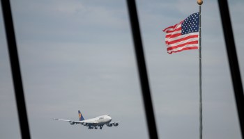 A plane lands at Dulles International airport on March 12
