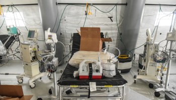 A ventilator and other hospital equipment is seen in an emergency field hospital set up by the Samaritan's Purse organization to aid in the COVID-19 pandemic in Central Park on March 30, 2020 in New York City.