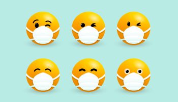 Yellow emoji faces wearing a white surgical mask.