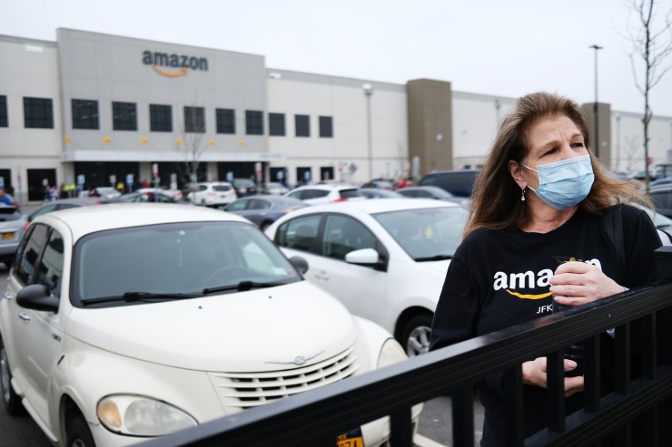 Amazon employees hold a protest and walkout over conditions at the company's Staten Island distribution facility on March 30 in New York City.