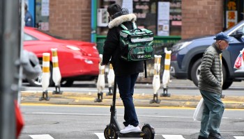An Uber Eats delivery worker on March 19 in New York City.