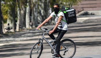 An Uber Eats delivery person in April.