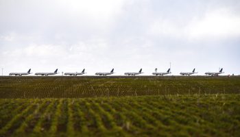 United Airlines planes sit parked on a runway in Denver in April.