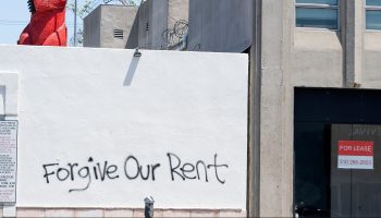 Graffiti asking for rent forgiveness seen on May 1 in Los Angeles.