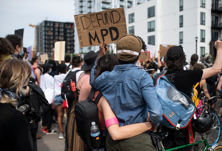 Demonstrators calling to defund the Minneapolis Police Department march on University Avenue on June 6, 2020 in Minneapolis, Minnesota.