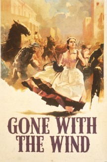 Scarlett O'Hara runs through the street, filled with horses and men, in this promotional poster for the book 'Gone With the Wind,' 1936.