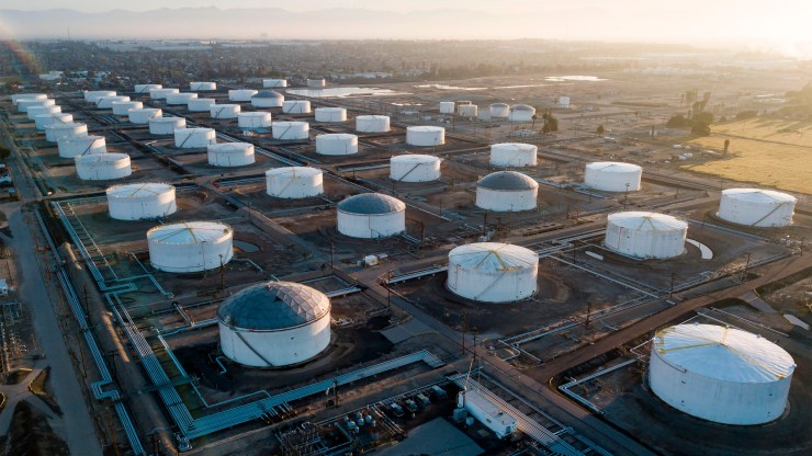 Oil storage tanks in Carson, California. The use of fossil fuels dropped during the lockdown, and supplies piled up.
