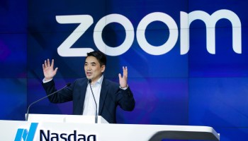 Zoom founder Eric Yuan speaks during Zoom's IPO in 2019.