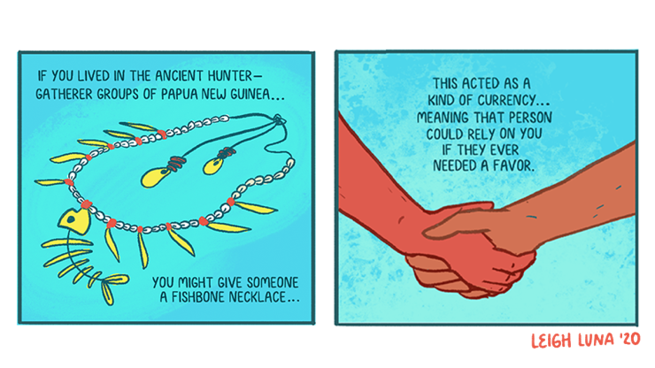 A two-panel comic showing a fish bone necklace in the first panel, and two hands shaking in the second panel. The necklaces were an early form of currency, showing an "IOU" between two people.
