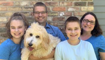Community college Dean Derrick Lindstrom with his wife, Christina, kids Ella and Charles, and dog Lucie.