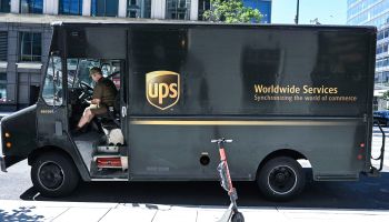 A UPS (United Parcel Service) truck sits on a street in Washington, DC.