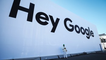 A Google worker stands outside the Google pavilion at CES 2020 at the Las Vegas Convention Center on January 8, 2020 in Las Vegas, Nevada.