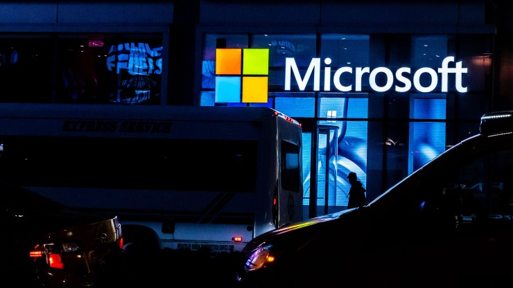 A signage of Microsoft is seen on March 13, 2020 in New York City.