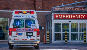 An ambulance sits in the emergency room bay of Lincoln Medical Center on April 16, 2020.